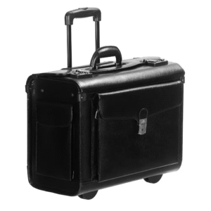 Business Collection Black Leather Wheeled Catalog Case with Flap Pockets 19 In. W X 9 In. D X 15 In. H